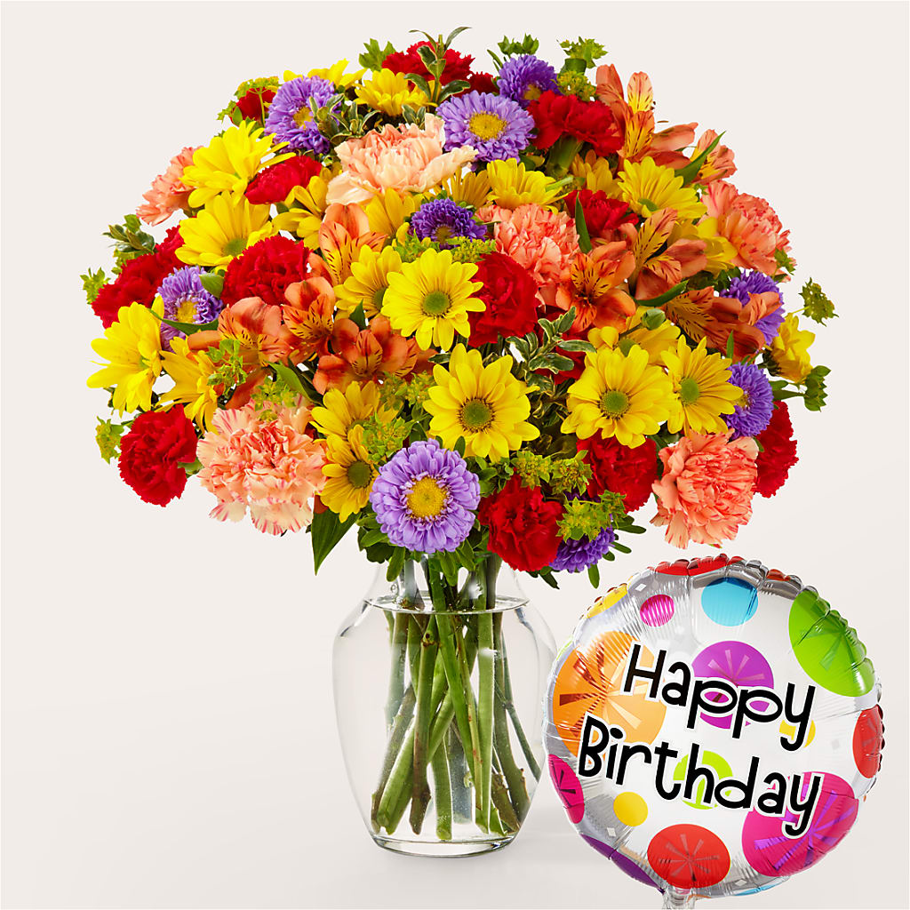 Kaleidoscope Bouquet with Birthday Balloon – The Flower Basket, Lebanon MO